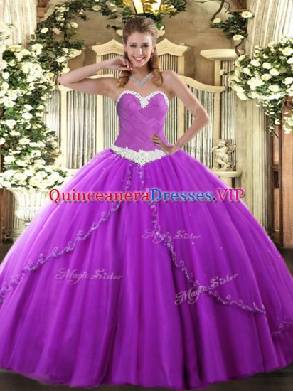 Mini Length Purple Quinceanera Gown Tulle Brush Train Sleeveless Appliques - Click Image to Close