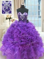 Modest Beading and Ruffles Ball Gown Prom Dress Purple Lace Up Sleeveless Floor Length