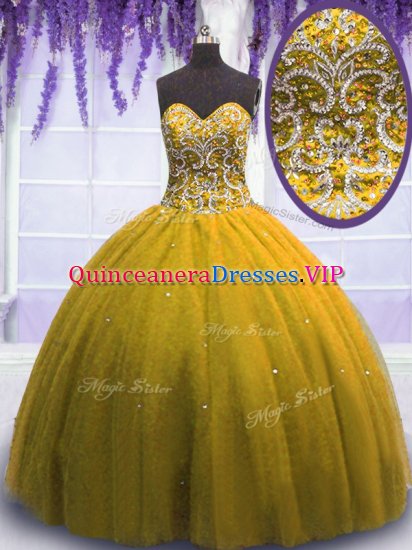 Brown Lace Up Ball Gown Prom Dress Beading Sleeveless Floor Length - Click Image to Close