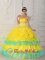 Chatillon France Luxurious Yellow Strapless Ruched Bodice Quinceanera Dress With Beaded and Ruffled Decorate