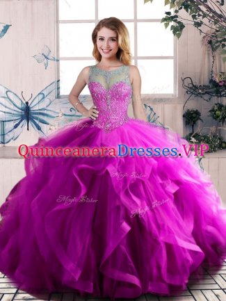 Free and Easy Sleeveless Tulle Floor Length Lace Up 15th Birthday Dress in Purple with Beading and Ruffles