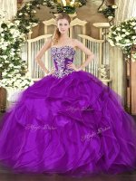 Purple Organza Lace Up Quinceanera Gown Sleeveless Floor Length Beading and Ruffles