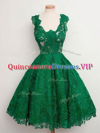 Luxury Sleeveless Lace Knee Length Zipper Court Dresses for Sweet 16 in Green with Lace
