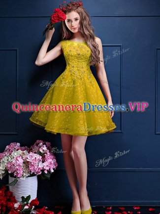 Free and Easy Yellow Lace Up Quinceanera Court Dresses Beading and Lace Sleeveless Knee Length
