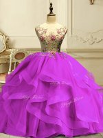 Glamorous Scoop Sleeveless 15 Quinceanera Dress Floor Length Appliques and Ruffles Fuchsia Organza