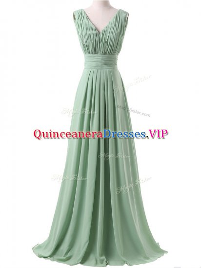 Apple Green Quinceanera Court Dresses Prom and Party and Wedding Party with Ruching V-neck Sleeveless Lace Up - Click Image to Close