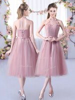 Exceptional Pink Empire Halter Top Sleeveless Tulle Tea Length Lace Up Appliques and Belt Quinceanera Court of Honor Dress