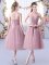 Exceptional Pink Empire Halter Top Sleeveless Tulle Tea Length Lace Up Appliques and Belt Quinceanera Court of Honor Dress