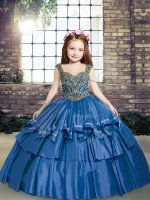 Popular Blue Lace Up Straps Beading Little Girls Pageant Dress Taffeta Sleeveless