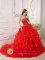 Canary Islands Spain Ruffles and Embroidery Informal Red Quinceanera Dress Strapless Organza Brush Train Ball Gown