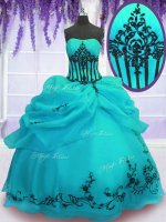 Turquoise Sleeveless Floor Length Embroidery Lace Up 15th Birthday Dress