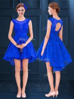 Royal Blue A-line Satin and Lace Scoop Sleeveless Lace and Belt High Low Lace Up Dama Dress