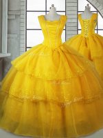 Flirting Floor Length Lace Up Quince Ball Gowns Gold for Military Ball and Sweet 16 and Quinceanera with Ruffled Layers