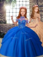 Best Blue and Peach Ball Gowns Beading Glitz Pageant Dress Lace Up Tulle Sleeveless Floor Length
