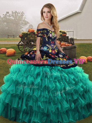 Fantastic Turquoise Ball Gowns Off The Shoulder Sleeveless Organza Floor Length Lace Up Embroidery and Ruffled Layers Vestidos de Quinceanera