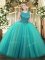 Turquoise Ball Gowns Tulle Scoop Sleeveless Beading Floor Length Zipper Military Ball Gowns