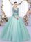 V-neck Long Sleeves Quince Ball Gowns Floor Length Lace and Appliques Apple Green Tulle