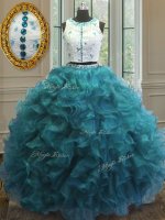 Customized Teal Ball Gowns Organza Scoop Sleeveless Beading and Ruffles Floor Length Clasp Handle Quinceanera Dress
