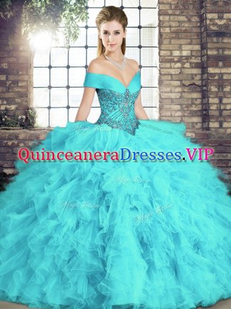 Beading and Ruffles Vestidos de Quinceanera Aqua Blue Lace Up Sleeveless Floor Length