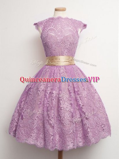 Flare Lilac Ball Gowns Lace High-neck Cap Sleeves Belt Knee Length Lace Up Quinceanera Court of Honor Dress - Click Image to Close