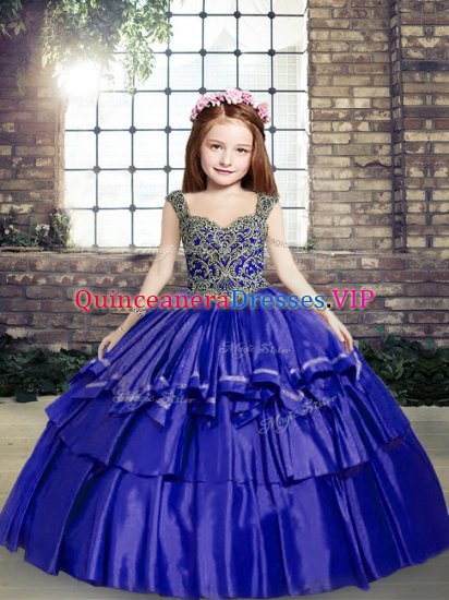 Stunning Blue Lace Up Straps Beading Pageant Dress for Girls Taffeta Sleeveless - Click Image to Close