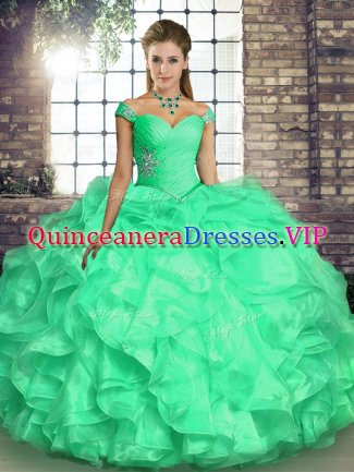 Turquoise Ball Gowns Off The Shoulder Sleeveless Organza Floor Length Lace Up Beading and Ruffles Sweet 16 Quinceanera Dress