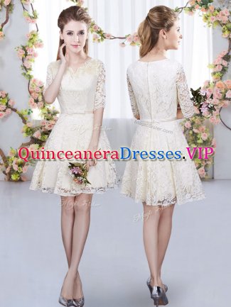 Eye-catching Champagne Lace Zipper Quinceanera Court of Honor Dress Half Sleeves Mini Length Belt