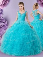 Fine Straps Baby Blue Sleeveless Floor Length Beading and Ruffles Zipper Vestidos de Quinceanera(SKU XFQD1331BIZ)