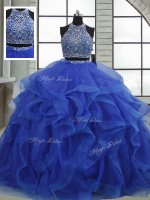 Royal Blue Lace Up Sweet 16 Quinceanera Dress Beading and Ruffles Sleeveless Floor Length
