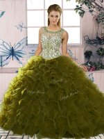 Luxury Olive Green Ball Gowns Organza Scoop Sleeveless Beading and Ruffles Floor Length Lace Up 15 Quinceanera Dress