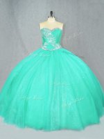 On Sale Turquoise Ball Gowns Sweetheart Sleeveless Tulle Floor Length Lace Up Beading Ball Gown Prom Dress