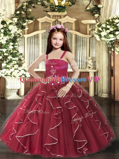 Burgundy Lace Up Straps Beading and Ruffles Little Girl Pageant Gowns Tulle Sleeveless - Click Image to Close