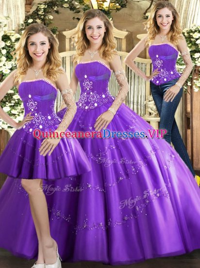Most Popular Strapless Sleeveless Quinceanera Dresses Floor Length Beading Purple Tulle - Click Image to Close
