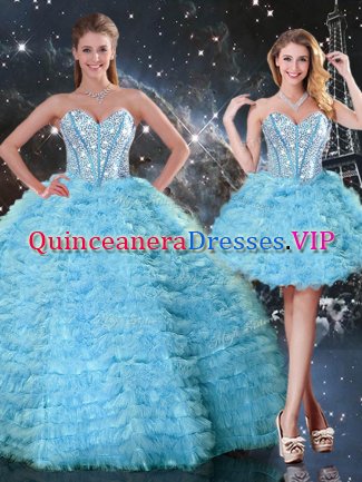 Decent Sleeveless Floor Length Beading and Ruffled Layers Lace Up Quinceanera Dresses with Aqua Blue