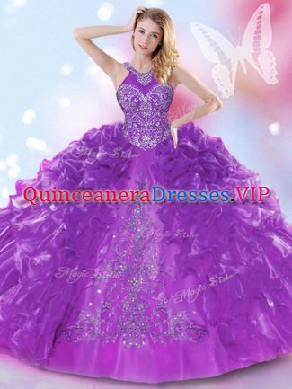 Halter Top Purple Organza Lace Up Ball Gown Prom Dress Sleeveless Floor Length Appliques and Ruffled Layers