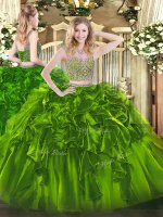 Olive Green Two Pieces Scoop Sleeveless Organza Floor Length Lace Up Beading and Ruffles Quinceanera Dress(SKU SJQDDT1485002BIZ)