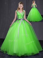 Low Price Tulle Lace Up Sweet 16 Dresses Sleeveless Floor Length Appliques and Belt
