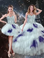 Sophisticated Sweetheart Sleeveless Tulle Quinceanera Dress Beading and Ruffled Layers and Sequins Lace Up