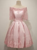Pink A-line Lace Dama Dress Lace Up Taffeta Half Sleeves Knee Length
