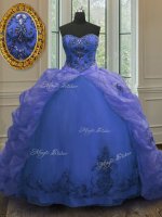 Stunning Organza Sweetheart Sleeveless Court Train Lace Up Beading and Appliques and Pick Ups Sweet 16 Dress in Blue