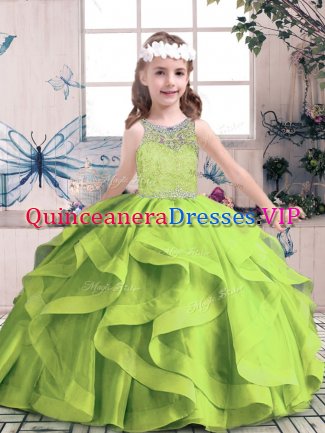 Tulle Zipper Little Girl Pageant Dress Sleeveless Floor Length Beading and Ruffles