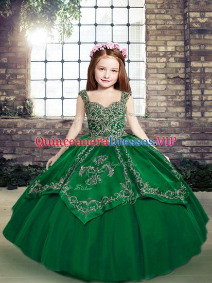 Superior Dark Green Ball Gowns Beading and Embroidery Kids Pageant Dress Lace Up Tulle Sleeveless Floor Length - Click Image to Close