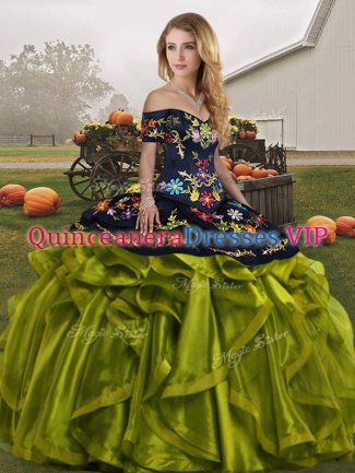 Popular Off The Shoulder Sleeveless Lace Up Quinceanera Gowns Olive Green Organza