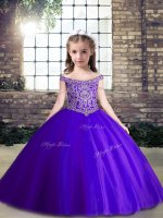 Modern Ball Gowns Little Girl Pageant Gowns Purple Off The Shoulder Tulle Sleeveless Floor Length Lace Up