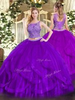 Scoop Sleeveless Quinceanera Gown Floor Length Beading and Ruffles Purple Organza