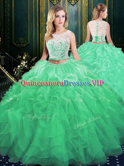 Artistic Court Train Two Pieces Sweet 16 Quinceanera Dress Green Scoop Organza Sleeveless Zipper - Click Image to Close