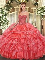 Clearance Floor Length Ball Gowns Sleeveless Coral Red Quince Ball Gowns Lace Up