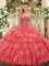 Clearance Floor Length Ball Gowns Sleeveless Coral Red Quince Ball Gowns Lace Up