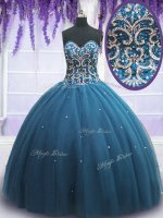 Teal Ball Gowns Beading and Appliques Quinceanera Gown Lace Up Tulle Sleeveless Floor Length