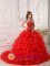 New Haw Surrey Ruffles and Embroidery Informal Red Quinceanera Dress Strapless Organza Brush Train Ball Gown